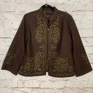Silkland Blazer Jacket Womens XL Embroidered Paisley Brown Green Lined Silk